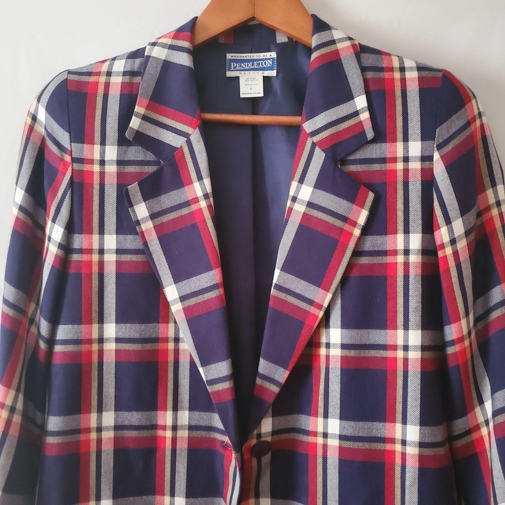 Pendleton Women's Vintage Red Blue Tartan Plaid Blazer Jacket Top Size Petite - Picture 6 of 12